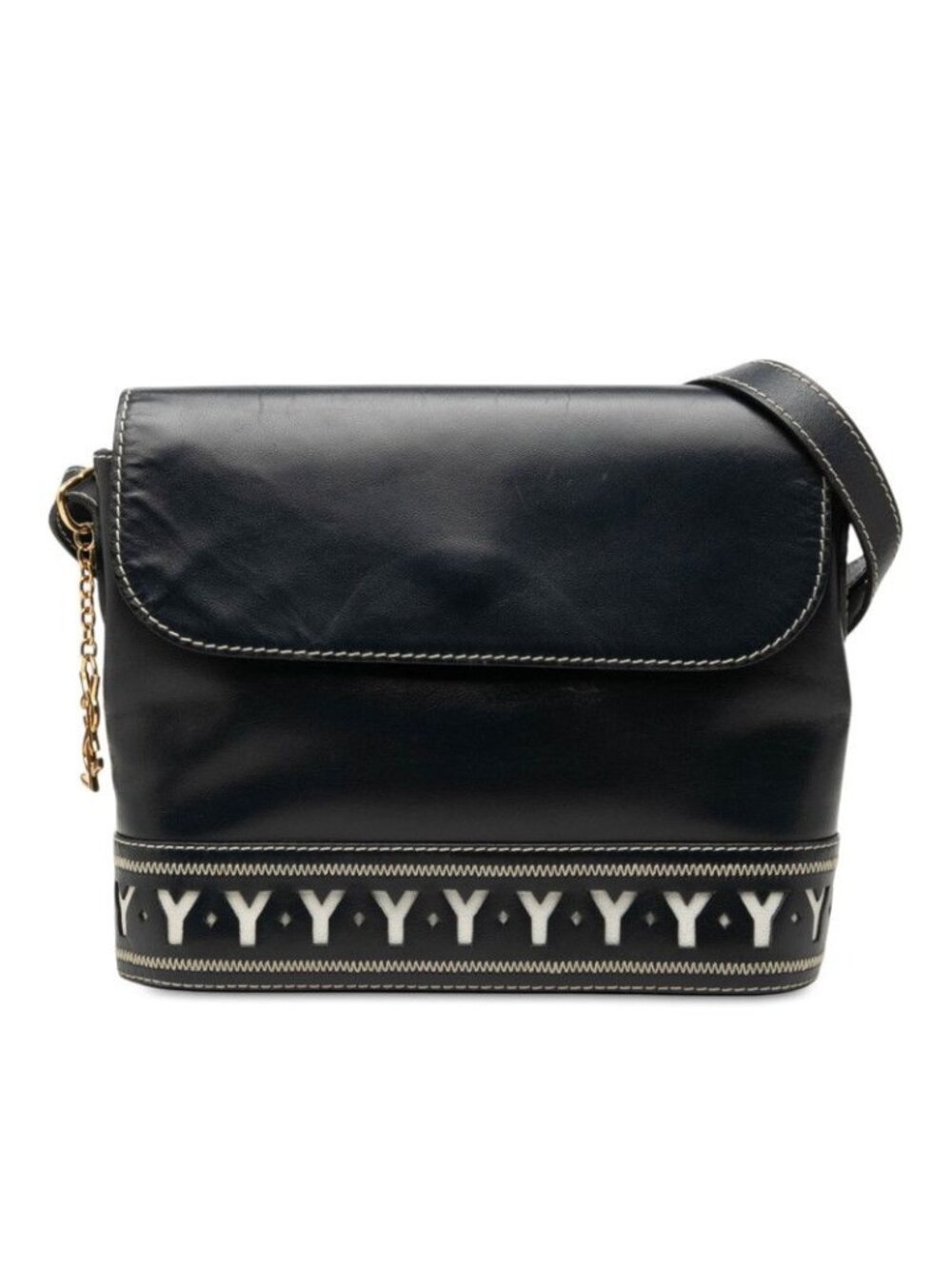Saint Laurent Vintage Cut Crossbody Shoulder Bag Navy White Leather